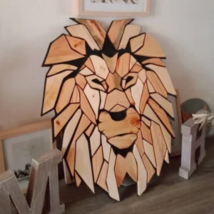 Tableau mural lion géométrique en bois naturel fait main – décoration design artisanale signée DesignBois